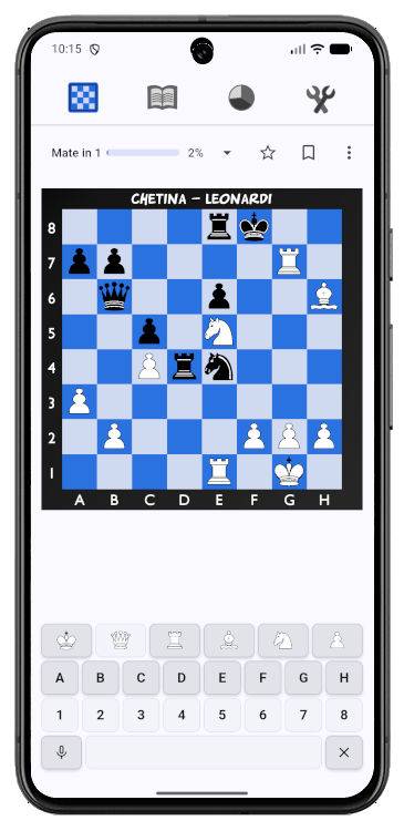 Mate-in-1 puzzle on a blue board with the thumb move keyboard